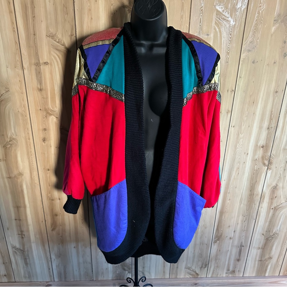 Amazing 80s Made in USA Long Sweater Bat Sleeve Colorful Geometric Cardigan